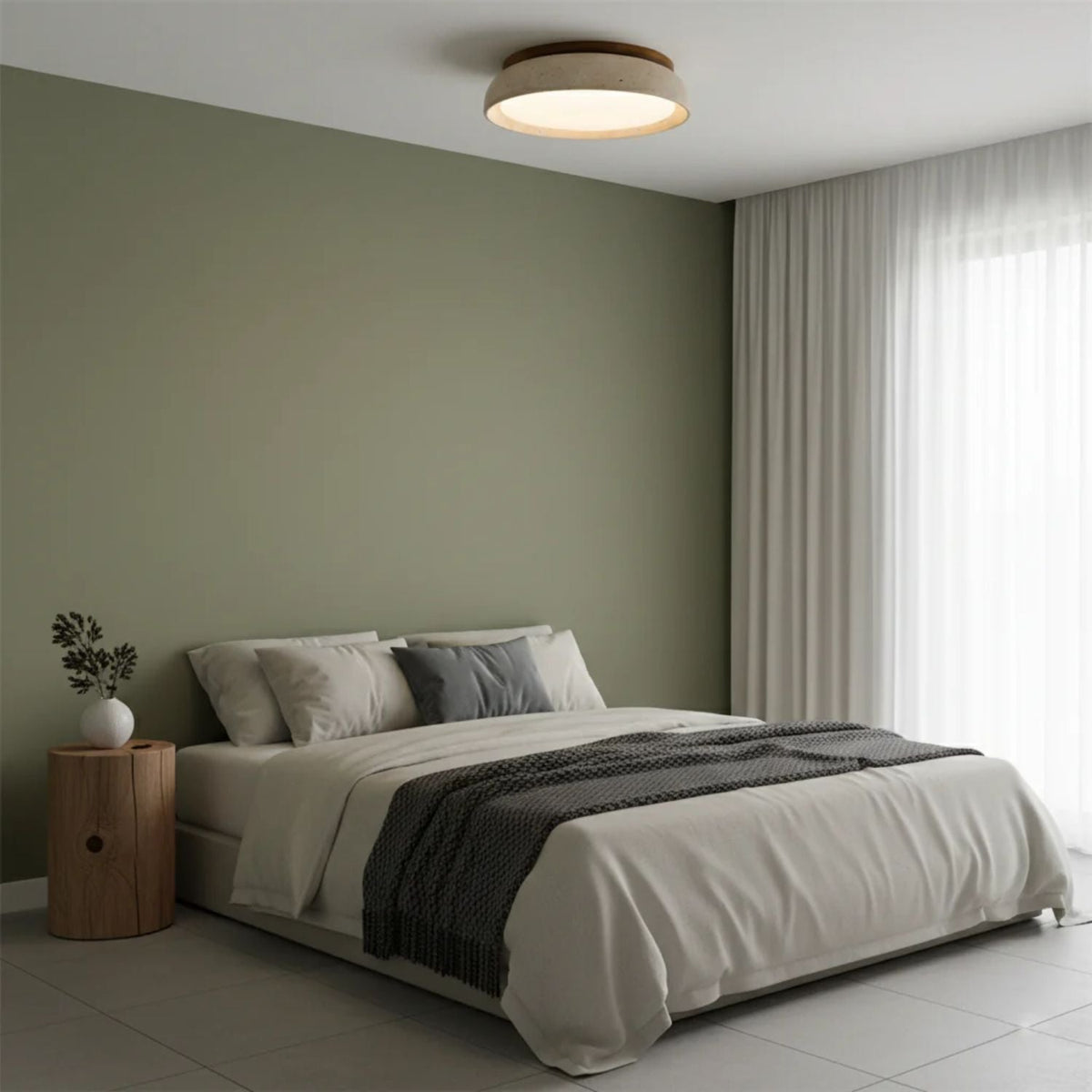 Flush Mount LED Overhead Light with Natural Stone & Wood Accents for Bedrooms, Hallways & Low Ceilings – Warm 3000K Glow, Scandinavian Minim