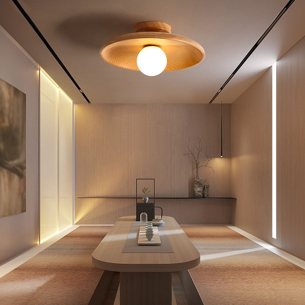 Wooden Globe LED Flush Mount Light 6 in Height Warm Glow for Bedroom Hallway Low Ceiling Compact Modern Nordic Style Natural Timber Finish A