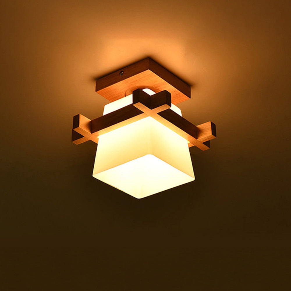 Square Flush Mount Ceiling Light Fixture with Wood Accent, White Shade, E27 Socket for Bedroom, Hallway, Living Room, Minimalist Home Lighti