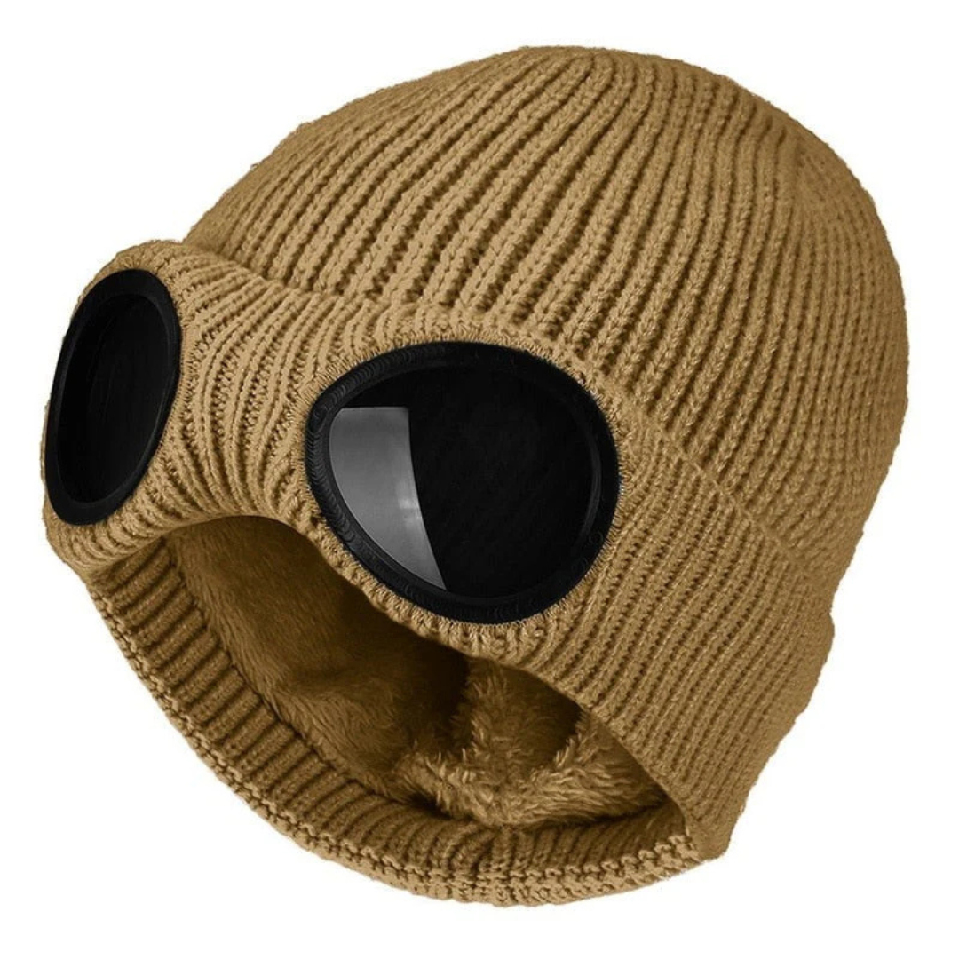 Knit Beanie with Flip-Down Goggles – Windproof Winter Hat for Outdoor Activities