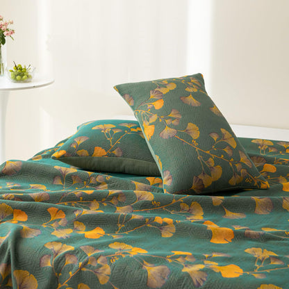 Reversible Cotton Throw Blanket with Ginkgo Leaf Pattern – Lightweight Summer Quilt for Bed, Sofa & Travel