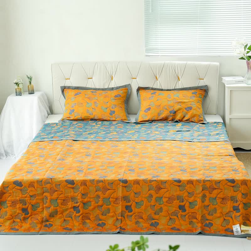 Reversible Cotton Quilt Ginkgo Leaf Botanical Print Bedspread Comforter Coverlet for Bedroom Decor Queen King Full Size Soft Breathable