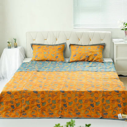 Reversible Cotton Quilt Ginkgo Leaf Botanical Print Bedspread Comforter Coverlet for Bedroom Decor Queen King Full Size Soft Breathable