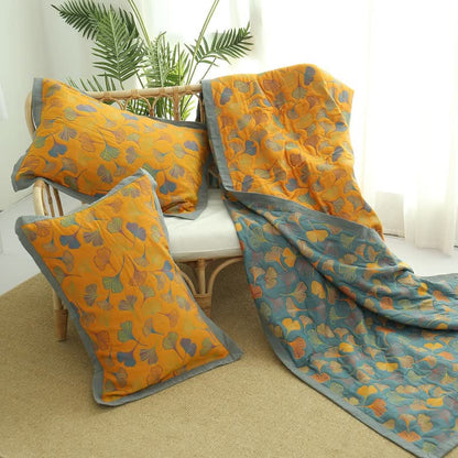 Reversible Cotton Quilt Ginkgo Leaf Botanical Print Bedspread Comforter Coverlet for Bedroom Decor Queen King Full Size Soft Breathable