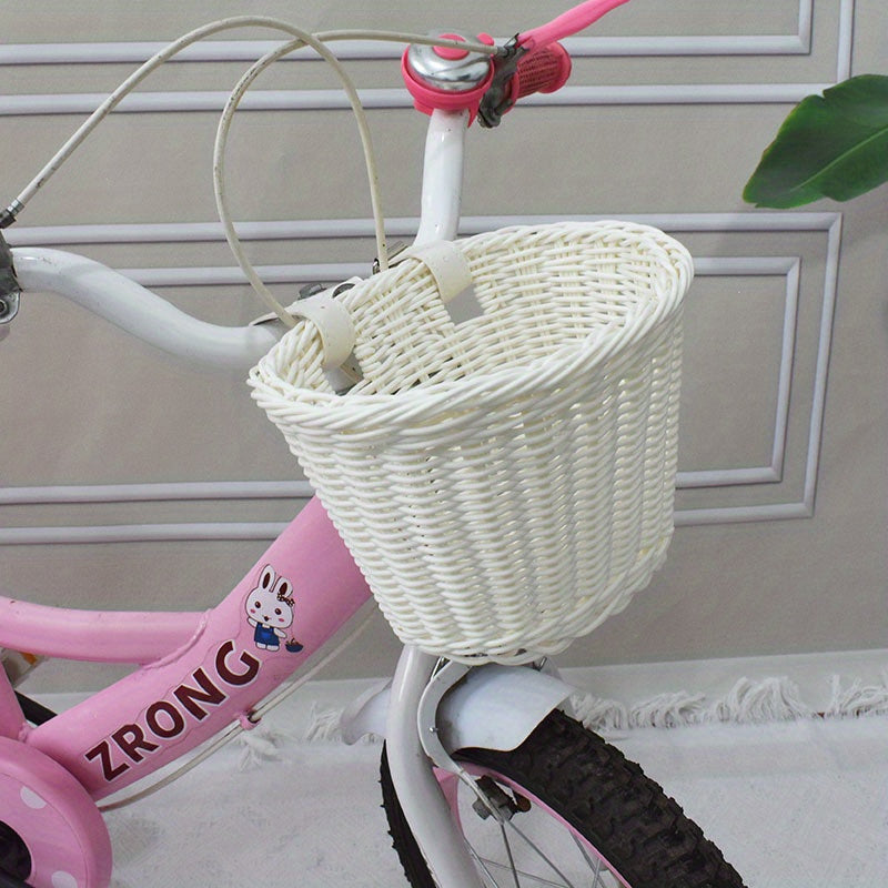 Kids Bike Front or Rear Carrier Basket in Pink Plastic Woven Design for Handlebars or Rack Storage Holder for School Trips Toys Snacks