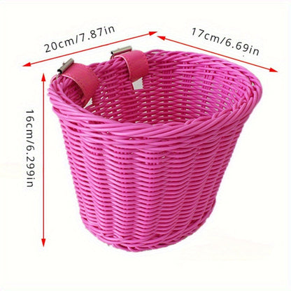 Kids Bike Front or Rear Carrier Basket in Pink Plastic Woven Design for Handlebars or Rack Storage Holder for School Trips Toys Snacks