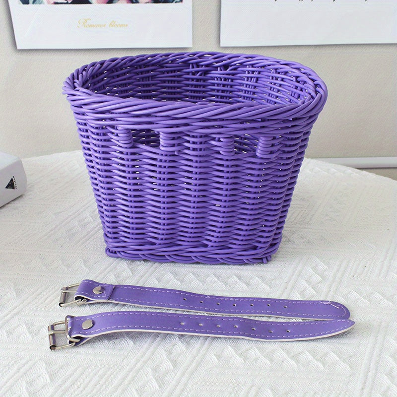 Kids Bike Front or Rear Carrier Basket in Pink Plastic Woven Design for Handlebars or Rack Storage Holder for School Trips Toys Snacks