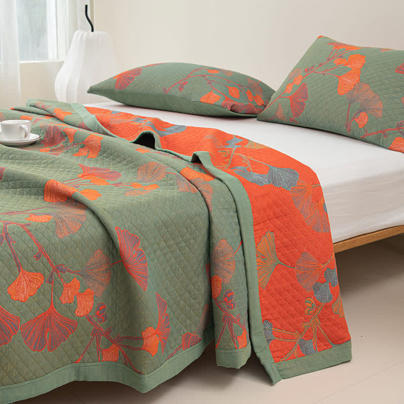 Reversible Cotton Quilt Ginkgo Leaf Design All-Season Bedspread Lightweight Throw Blanket for Bedroom Sofa Couch Travel Comfort