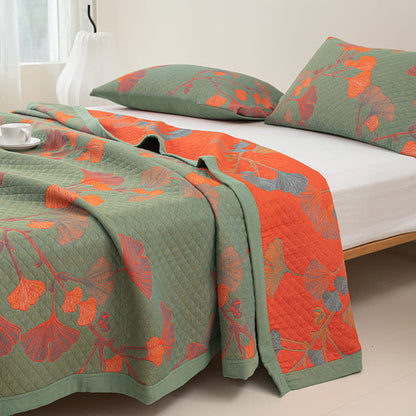 Reversible Cotton Quilt Ginkgo Leaf Design All-Season Bedspread Lightweight Throw Blanket for Bedroom Sofa Couch Travel Comfort