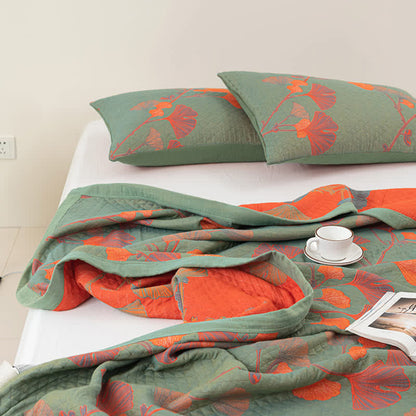 Reversible Cotton Quilt Ginkgo Leaf Design All-Season Bedspread Lightweight Throw Blanket for Bedroom Sofa Couch Travel Comfort