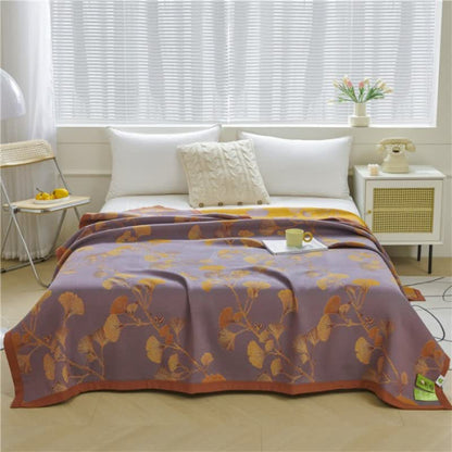 Reversible Cotton Throw Blanket with Ginkgo Leaf Pattern – Lightweight Summer Quilt for Bed, Sofa & Travel