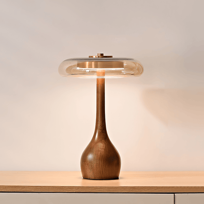 LED Desk Lamp with Amber Glass Shade & Natural Wood Base for Home Office, Bedroom & Nightstand | Adjustable Color Temperature 3000K-6000K