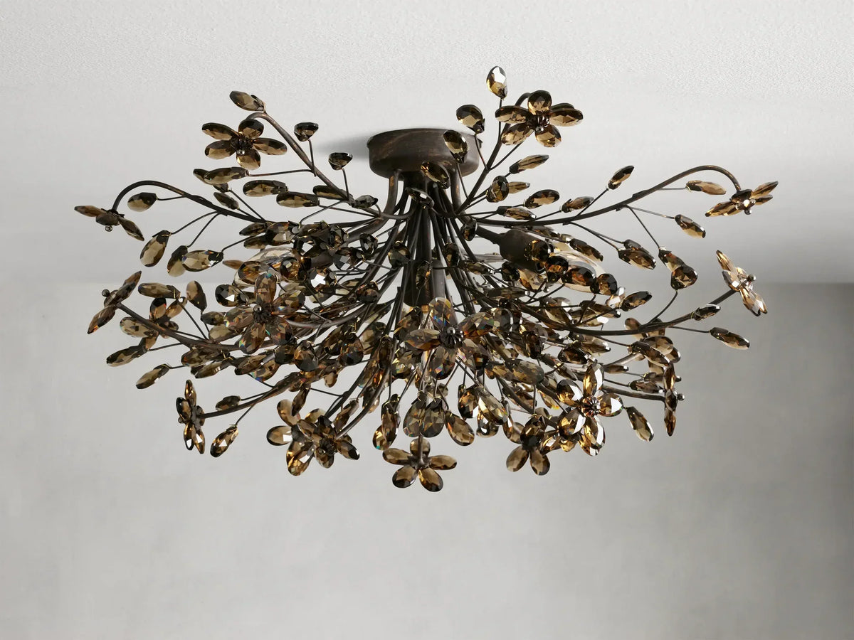 Crystal Flower Ceiling Light Fixture 27.5 inch Flush Mount Iron Frame Handcrafted Floral Design Ambient Lighting for Living Room Bedroom