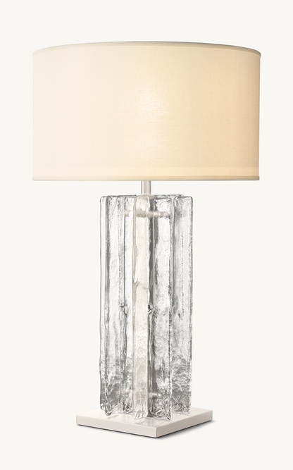 Geometric Cast Glass Table Lamp with Linen Shade for Bedroom Living Room | Mid-Century Modern Bedside Lighting