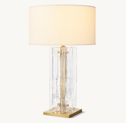 Geometric Cast Glass Table Lamp with Linen Shade for Bedroom Living Room | Mid-Century Modern Bedside Lighting