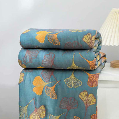 Reversible Cotton Quilt Ginkgo Leaf Botanical Print Bedspread Comforter Coverlet for Bedroom Decor Queen King Full Size Soft Breathable