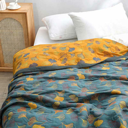 Reversible Cotton Quilt Ginkgo Leaf Botanical Print Bedspread Comforter Coverlet for Bedroom Decor Queen King Full Size Soft Breathable