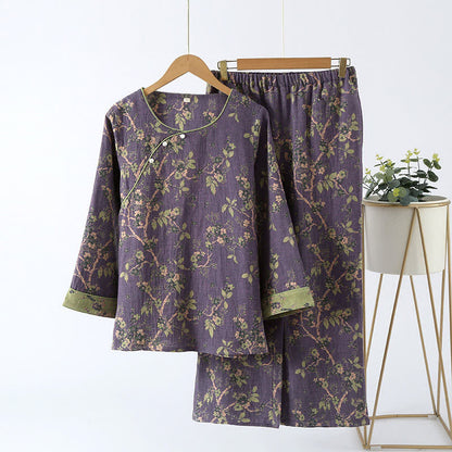 Women's Cotton Two-Piece Pajama Set with Floral Jacquard Pattern for Sleeping & Lounging