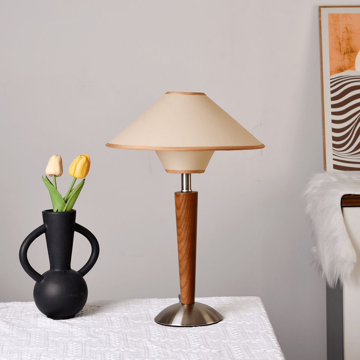 Fabric Shade Table Lamp 17 in for Nightstand & Side Table - Wood Base with E26 Socket for Bedroom Living Room Office Desk Reading Light Mini