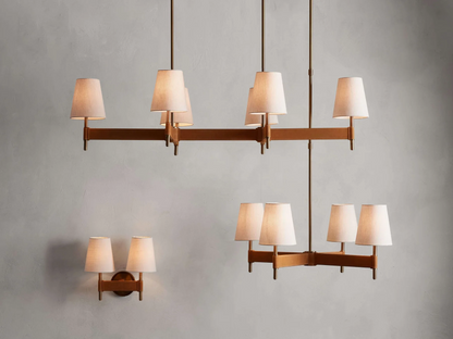 Linear Chandelier 6-10 Lights Antiqued Brass Leather Accent White Linen Shade Adjustable Height Dining Room Kitchen Island