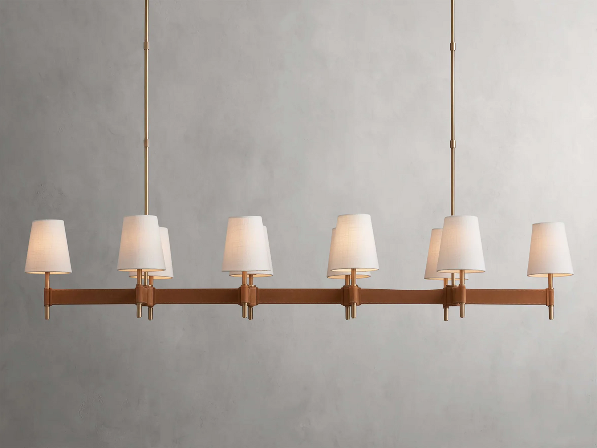 Linear Chandelier 6-10 Lights Antiqued Brass Leather Accent White Linen Shade Adjustable Height Dining Room Kitchen Island