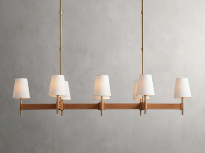 Linear Chandelier 6-10 Lights Antiqued Brass Leather Accent White Linen Shade Adjustable Height Dining Room Kitchen Island