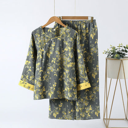 Women's Cotton Two-Piece Pajama Set with Floral Jacquard Pattern for Sleeping & Lounging