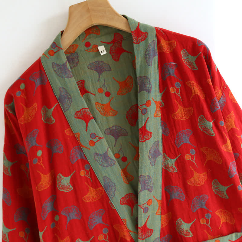 Lightweight Cotton Gauze Kimono Robe for Women & Men – Japanese Style Loungewear with Ginkgo Leaf Print & Adjustable Tie – Breathable