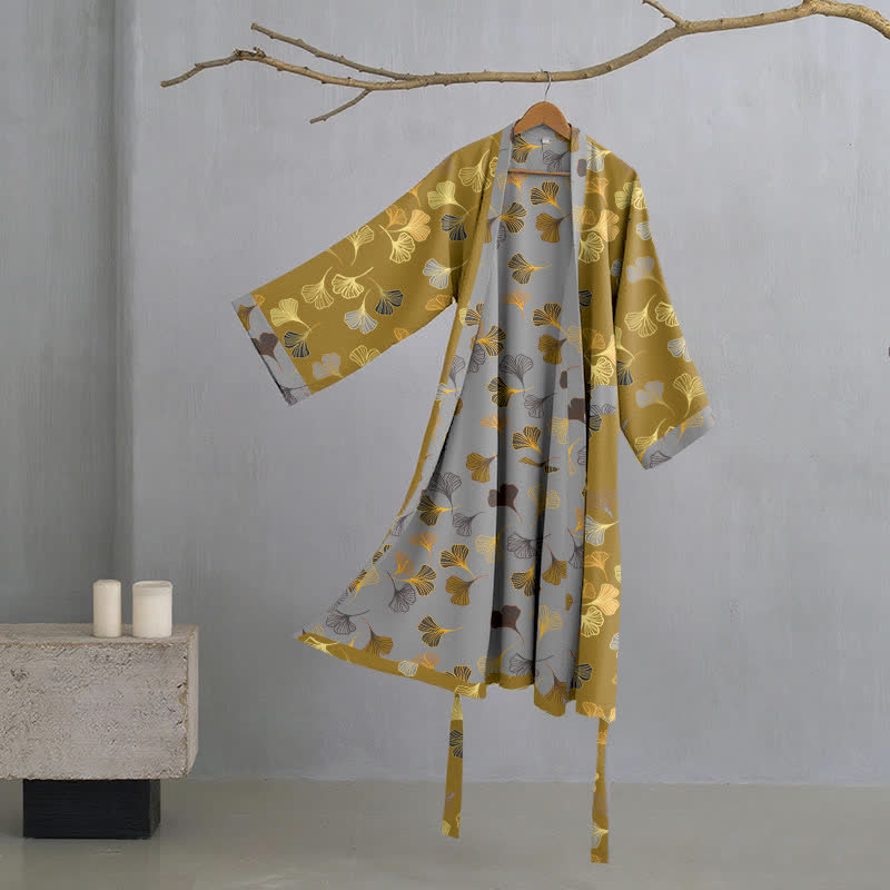 Cotton Gauze Kimono Robe Women Men Lightweight Bathrobe Ginkgo Leaf Pattern Unisex Loungewear Spa Wrap Housecoat Sleepwear Quick-Dry
