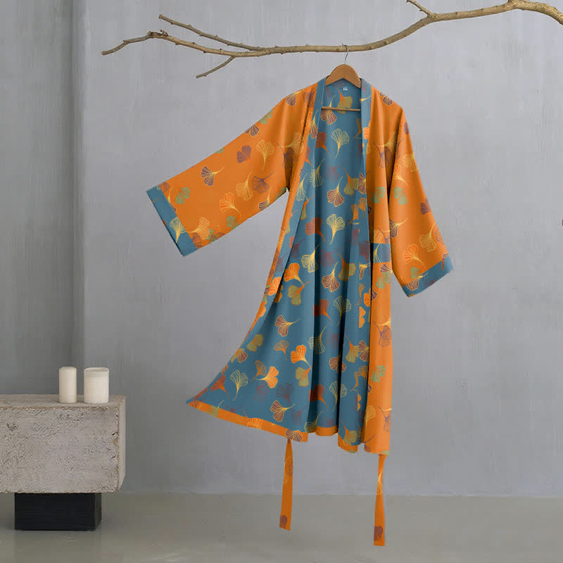 Cotton Gauze Kimono Robe Women Men Lightweight Bathrobe Ginkgo Leaf Pattern Unisex Loungewear Spa Wrap Housecoat Sleepwear Quick-Dry