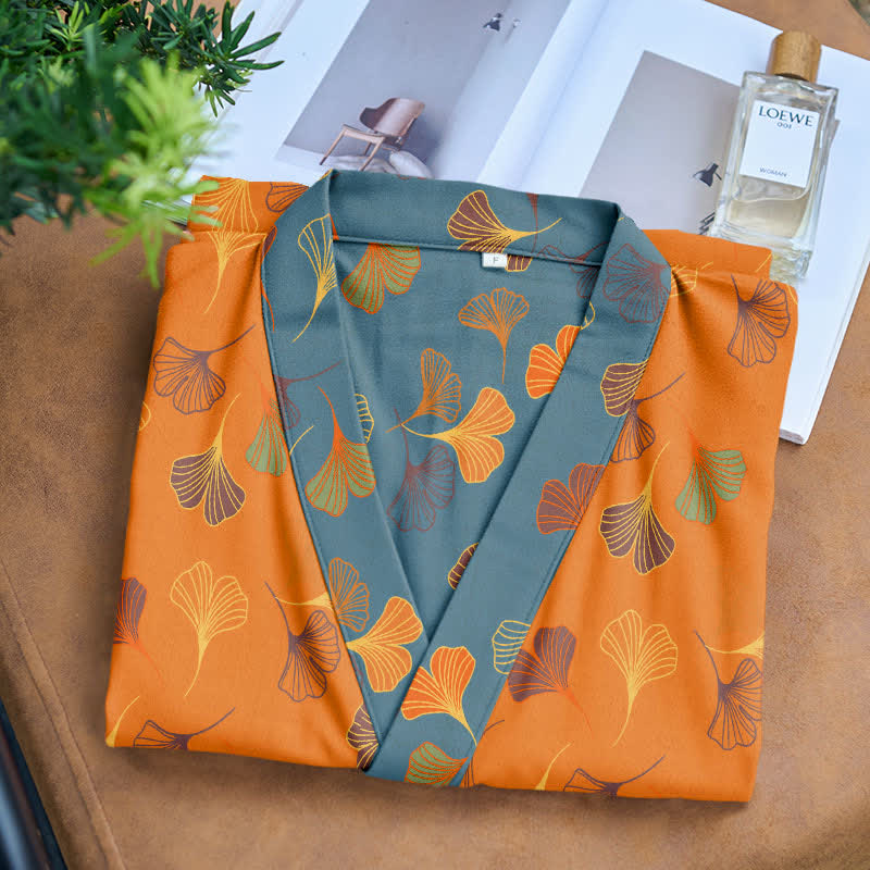 Cotton Gauze Kimono Robe Women Men Lightweight Bathrobe Ginkgo Leaf Pattern Unisex Loungewear Spa Wrap Housecoat Sleepwear Quick-Dry