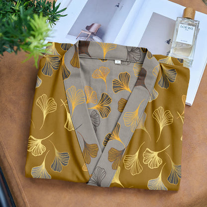 Cotton Gauze Kimono Robe Women Men Lightweight Bathrobe Ginkgo Leaf Pattern Unisex Loungewear Spa Wrap Housecoat Sleepwear Quick-Dry