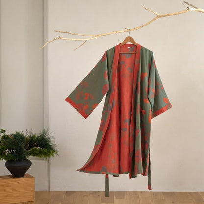 Women's Japanese-Style Cotton Gauze Robe with Oversized Botanical Print | Lightweight Kimono Wrap for Loungewear & Sleepwear