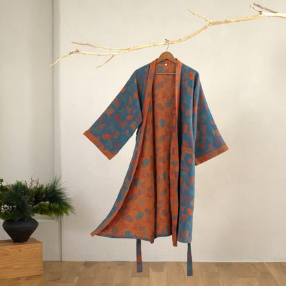 Cotton Gauze Kimono Robe Women Men Lightweight Bathrobe Ginkgo Leaf Pattern Unisex Loungewear Spa Wrap Housecoat Sleepwear Quick-Dry