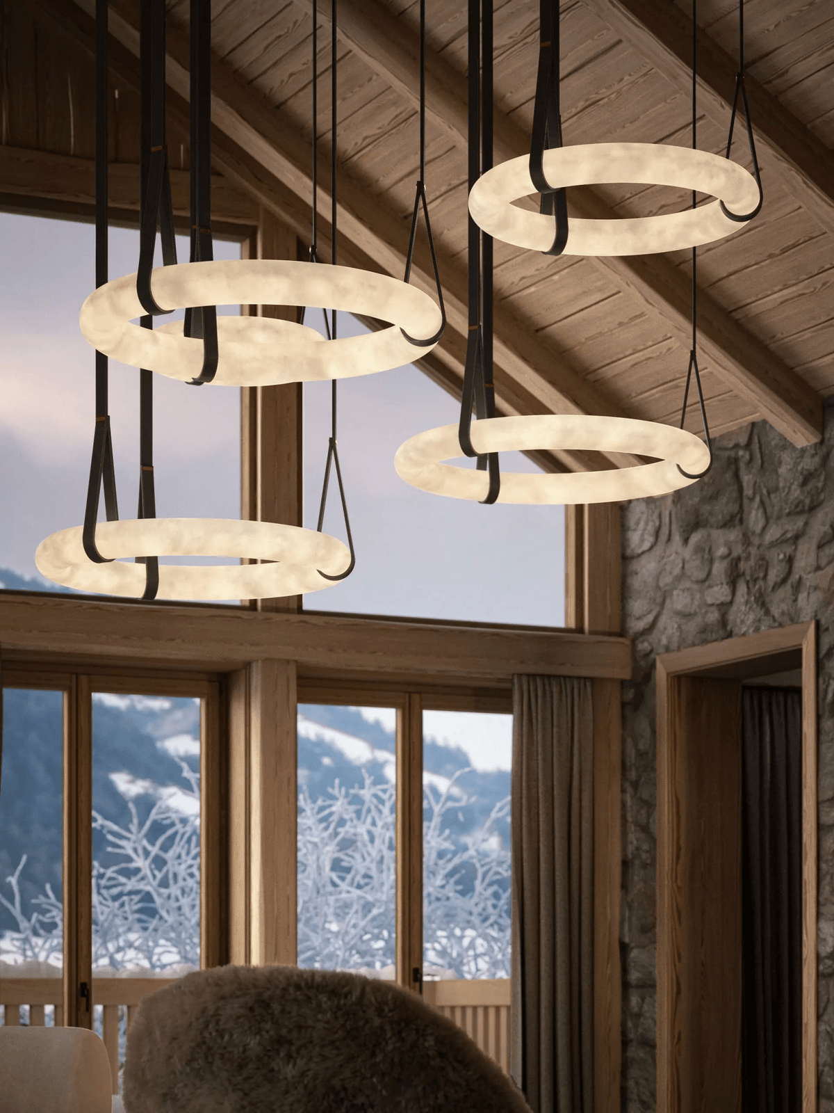 LED Ring Ceiling Fixture in Alabaster Stone – Adjustable Halo Chandelier for Open Dining Areas, Great Rooms & Hospitality – 47 in Circle Sus