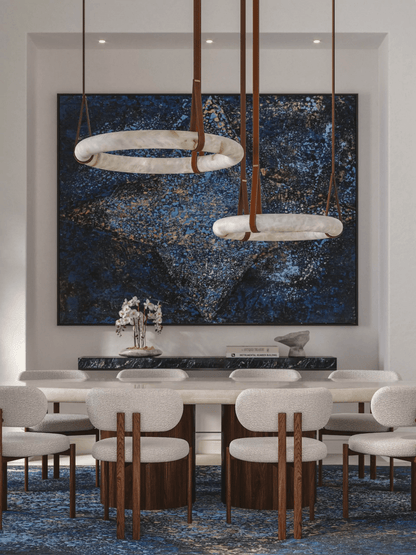 LED Ring Ceiling Fixture in Alabaster Stone – Adjustable Halo Chandelier for Open Dining Areas, Great Rooms & Hospitality – 47 in Circle Sus