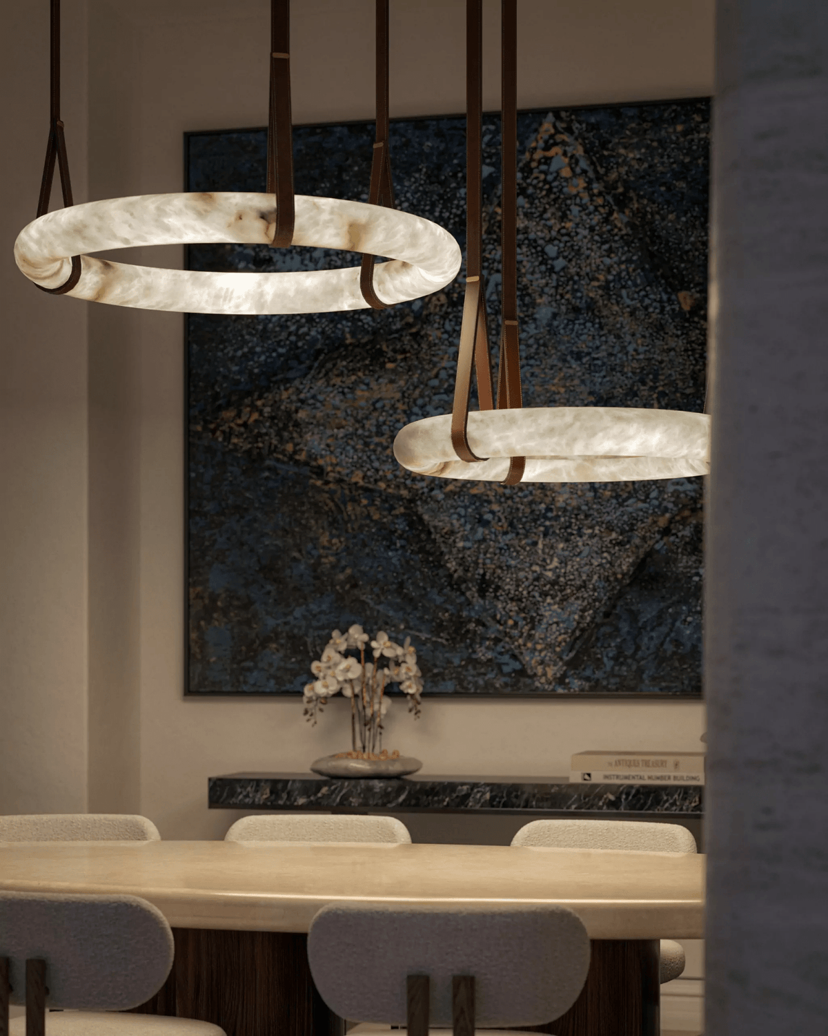 LED Ring Ceiling Fixture in Alabaster Stone – Adjustable Halo Chandelier for Open Dining Areas, Great Rooms & Hospitality – 47 in Circle Sus