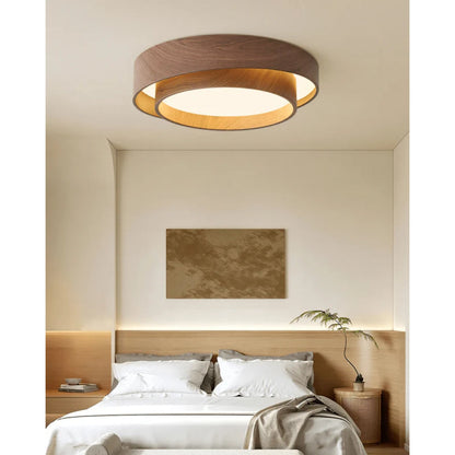 Flush Mount LED Fixture Walnut Grain Finish for Bedroom Living Room Dining Area Low Profile Overhead Lighting Scandinavian Modern Contempora