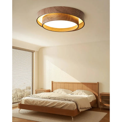Flush Mount LED Fixture Walnut Grain Finish for Bedroom Living Room Dining Area Low Profile Overhead Lighting Scandinavian Modern Contempora