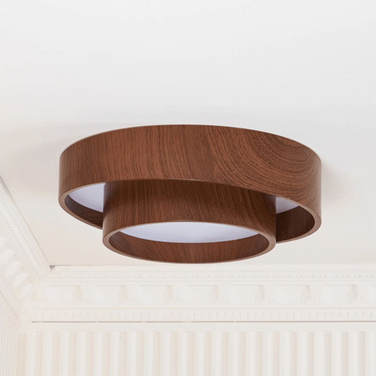 Flush Mount LED Fixture Walnut Grain Finish for Bedroom Living Room Dining Area Low Profile Overhead Lighting Scandinavian Modern Contempora