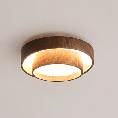 Flush Mount LED Fixture Walnut Grain Finish for Bedroom Living Room Dining Area Low Profile Overhead Lighting Scandinavian Modern Contempora