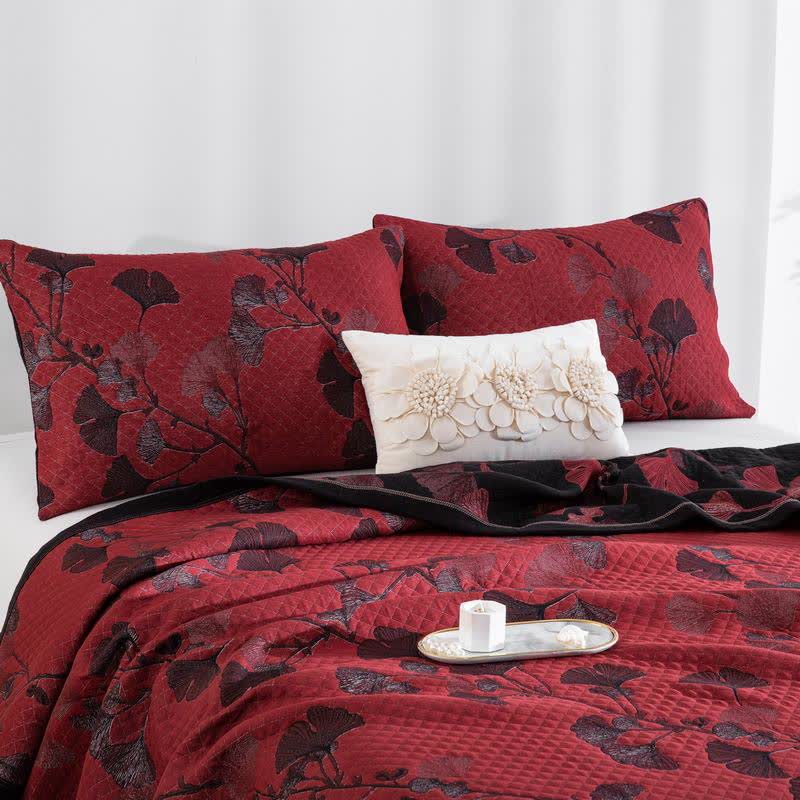Reversible Cotton Quilt Ginkgo Leaf Design All-Season Bedspread Lightweight Throw Blanket for Bedroom Sofa Couch Travel Comfort