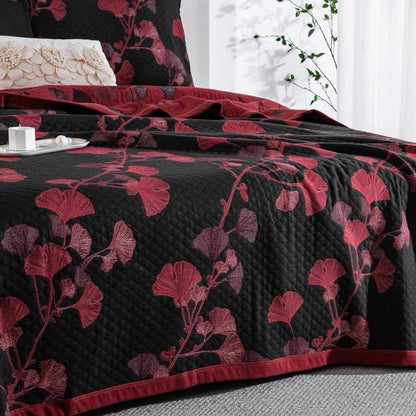 Reversible Cotton Quilt Ginkgo Leaf Design All-Season Bedspread Lightweight Throw Blanket for Bedroom Sofa Couch Travel Comfort