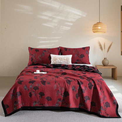 Reversible Cotton Quilt Ginkgo Leaf Design All-Season Bedspread Lightweight Throw Blanket for Bedroom Sofa Couch Travel Comfort