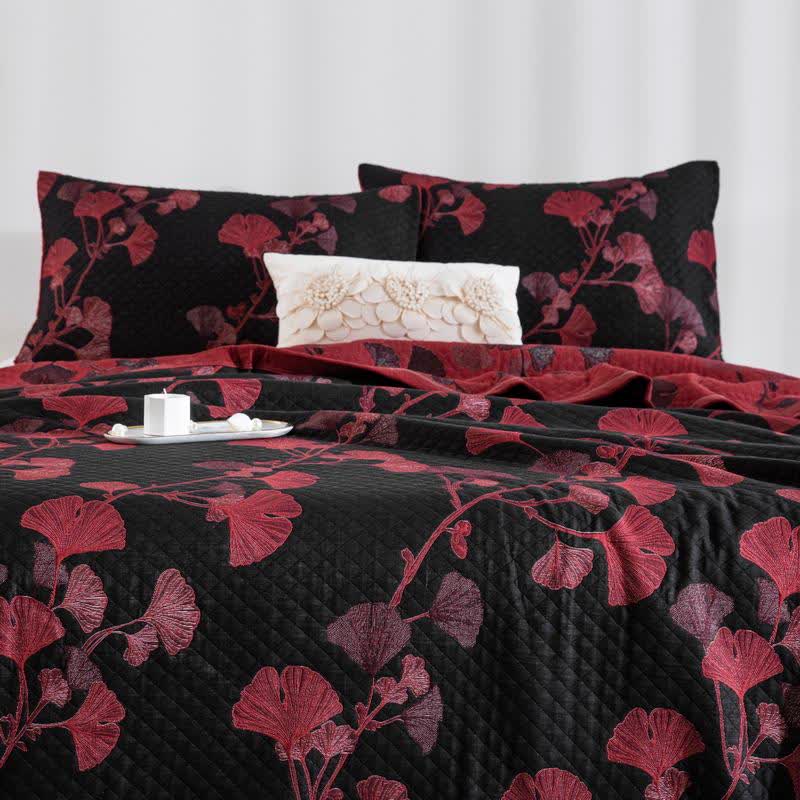 Reversible Cotton Quilt Ginkgo Leaf Design All-Season Bedspread Lightweight Throw Blanket for Bedroom Sofa Couch Travel Comfort