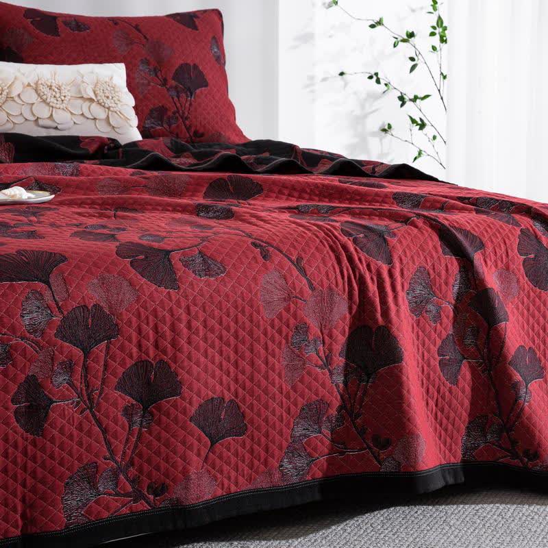 Reversible Cotton Quilt Ginkgo Leaf Design All-Season Bedspread Lightweight Throw Blanket for Bedroom Sofa Couch Travel Comfort