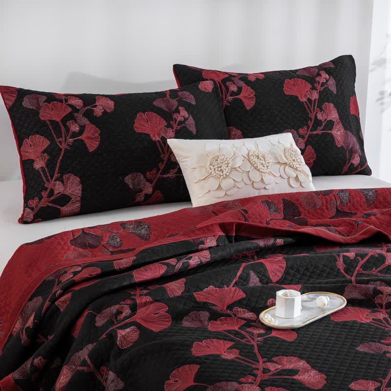 Reversible Cotton Quilt Ginkgo Leaf Design All-Season Bedspread Lightweight Throw Blanket for Bedroom Sofa Couch Travel Comfort