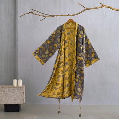 Cotton Gauze Kimono Robe Women Men Lightweight Bathrobe Ginkgo Leaf Pattern Unisex Loungewear Spa Wrap Housecoat Sleepwear Quick-Dry