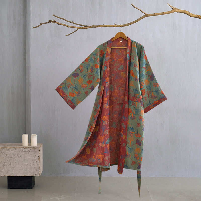 Cotton Gauze Kimono Robe Women Men Lightweight Bathrobe Ginkgo Leaf Pattern Unisex Loungewear Spa Wrap Housecoat Sleepwear Quick-Dry