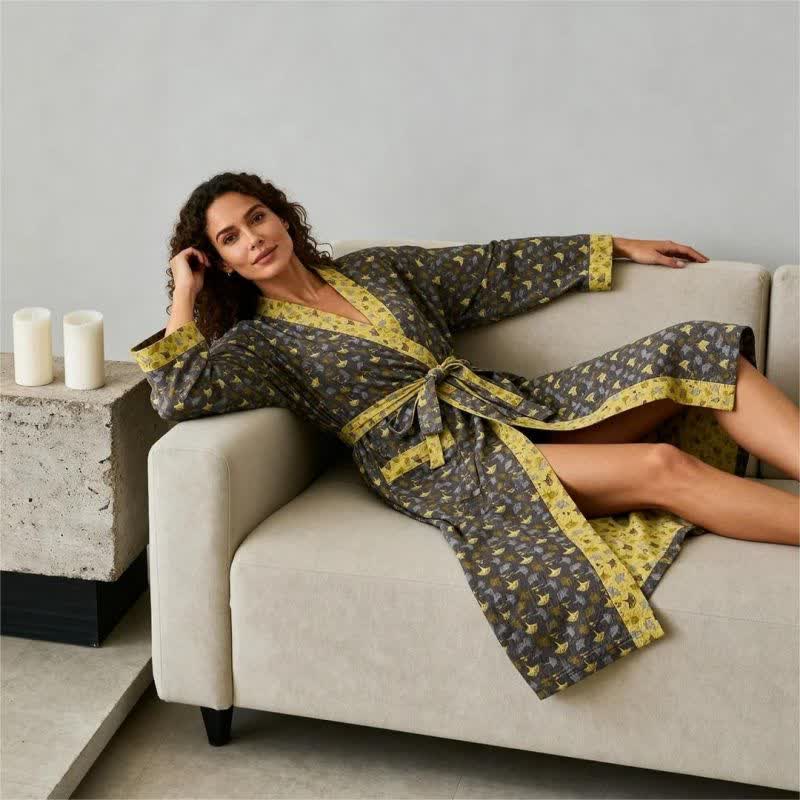 Lightweight Cotton Gauze Kimono Robe for Women & Men – Japanese Style Loungewear with Ginkgo Leaf Print & Adjustable Tie – Breathable